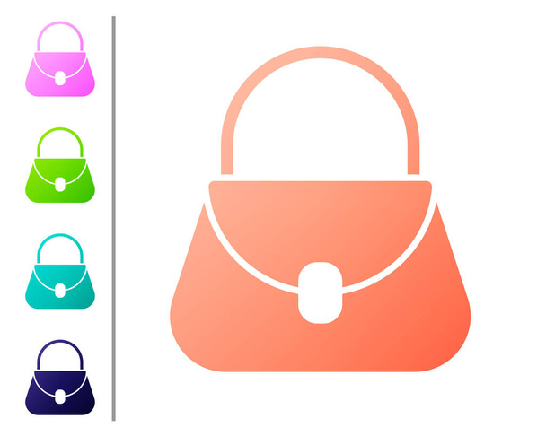 Coral Handbag Symbol isoliert auf weißem Hintergrund. Weibliches Handtaschenschild. Glamour-Casual-Bag-Symbol. Farbsymbole setzen. Vektorillustration - Vektor, Bild