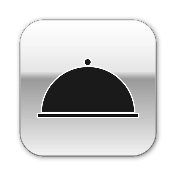 Μαύρο Καλυμμένο με ένα δίσκο με εικόνες τροφίμων που απομονώνονται σε λευκό φόντο. Δίσκος και καπάκι. Ρούχα εστιατορίου με καπάκι. Το σύμβολο της κουζίνας. Ασημένιο τετράγωνο κουμπί. Εικονογράφηση διανύσματος - Διάνυσμα, εικόνα