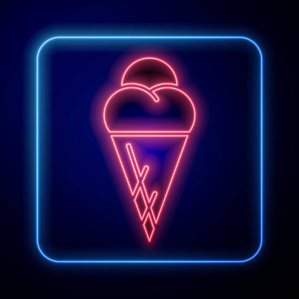 Glowing neon Ice cream in waffle cone icon isolated on blue background. Sweet symbol. Vector Illustration - Vector, Image