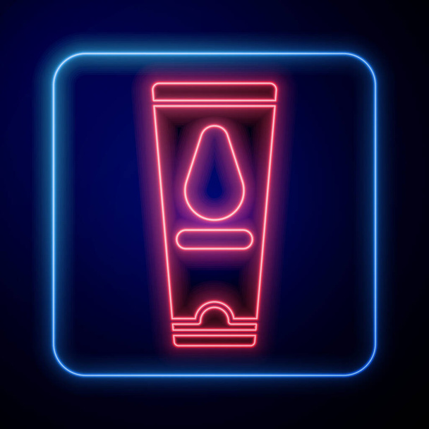 Gloeiende neon Persoonlijk glijmiddel pictogram geïsoleerd op blauwe achtergrond. Smeergel. Crème voor erotische seksspelletjes. Buis met pakketdoos. Vector Illustratie - Vector, afbeelding