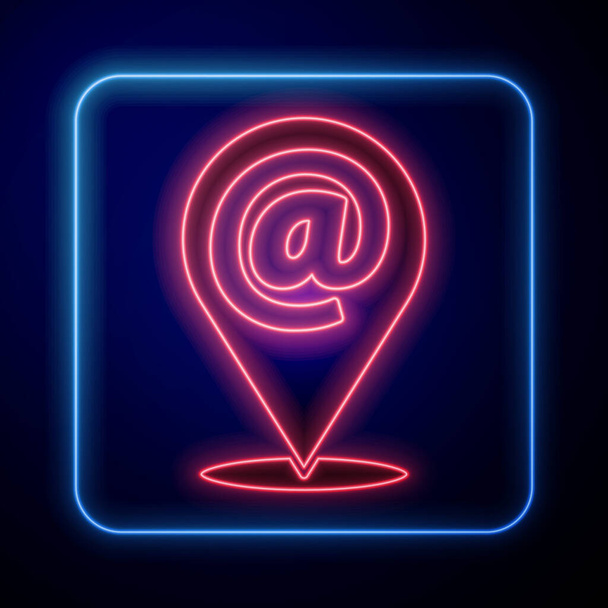 Brillante neón Ubicación y correo e-mail icono aislado sobre fondo azul. Envolvente símbolo e-mail. Señal de correo electrónico. Ilustración vectorial
 - Vector, imagen