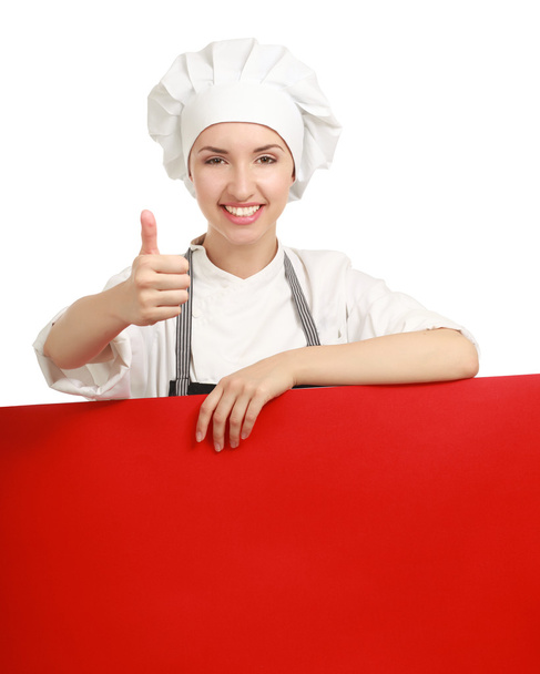 Chef woman holding a blank board - Фото, изображение