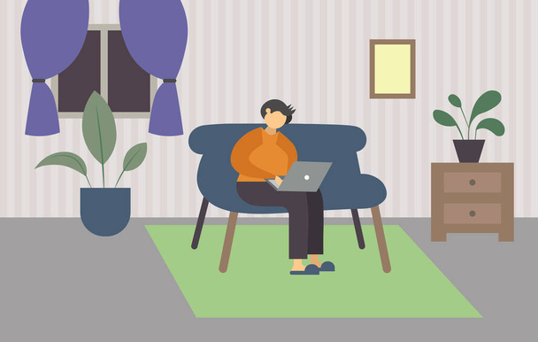 L'homme est assis à la maison sur le canapé et travaille sur l'ordinateur portable sur son illustration vectorielle plate genoux
. - Vecteur, image