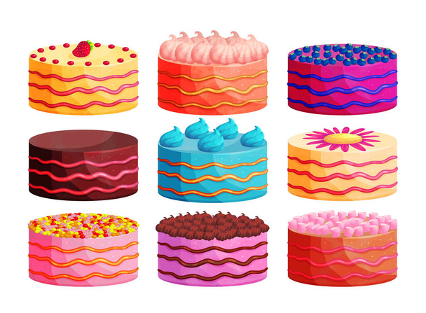 Sweet birthday cake flat vector illustration set - Vector, Image
