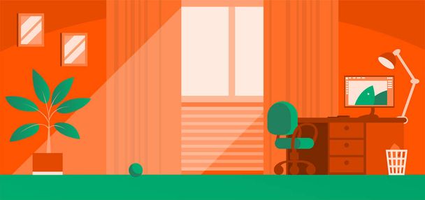 Das Innere eines gemütlichen Wohnzimmers. Sonnenlicht dringt durch das Fenster ein. Computertisch mit Lampe, Topfpflanze auf dem Boden. Vektor-Illustration für Hintergrund in orangen Farben. - Vektor, Bild