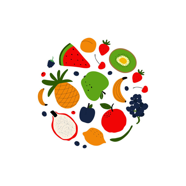 Vegetarian and raw food diet concept. Colorful card for print or web design with fruits and seeds. Flat vector illustration.  - Вектор,изображение