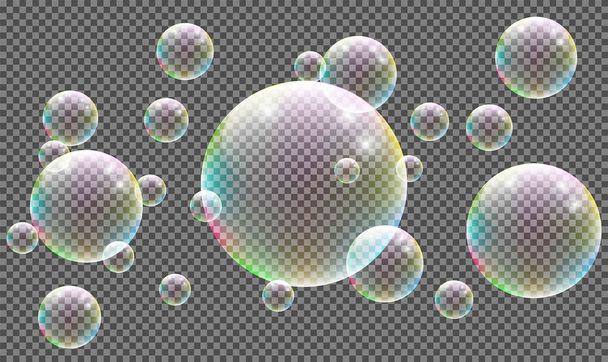 Conjunto de burbujas de jabón de colores transparentes realistas aisladas sobre fondo transparente. Textura vectorial
. - Vector, Imagen