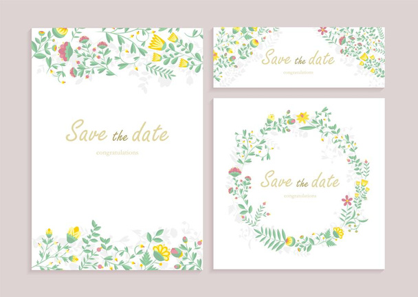 Σύνολο ευχετήρια κάρτα wirh floral διακόσμηση. Θερμά συγχαρητήρια, πρόσκληση γάμου, floral προσκλητήριο, διακοσμητικό στεφάνι & σχέδιο πλαισίου. Κάρτες αποθηκεύσετε την κάρτα ημερομηνία σας με ένα κομψό φυτό κήπο - Διάνυσμα, εικόνα