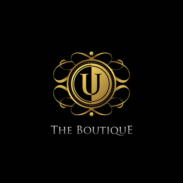 Logotipo de emblema de luxo círculo com letra U e simétrico redemoinho forma vetor design logotipo cor de ouro
. - Vetor, Imagem