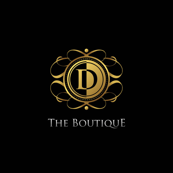 Circle luxe Badge logo met letter D en symmetrische wervelvorm vector ontwerp logo gouden kleur. - Vector, afbeelding