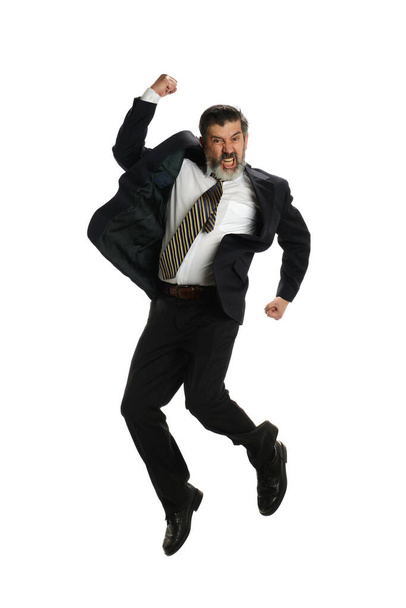 volwassen hispanic zakenman springen van vreugde isolaated op een witte achtergrond - Foto, afbeelding