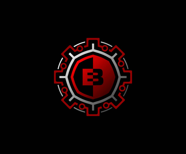 B Letter Gear Connection Data Logo pictogram, initiaal B met rood vistuig en netwerklijn vorm - Vector, afbeelding