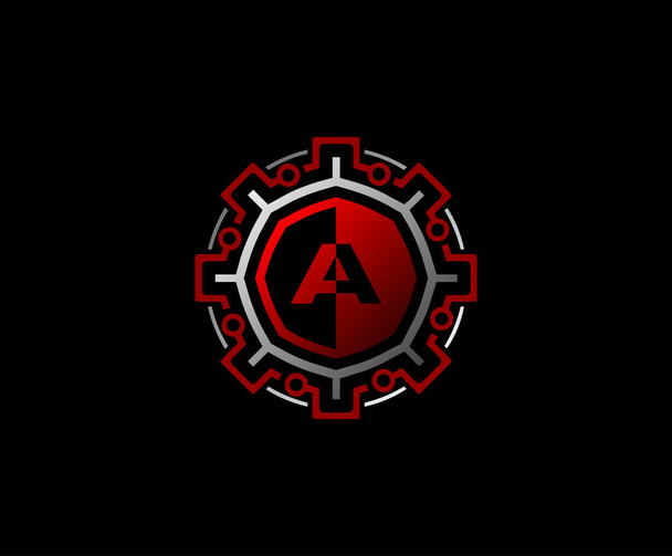 Een Letter Gear Connection Data Logo Icon, Initieel A met Red Gear en Network Line Shape - Vector, afbeelding
