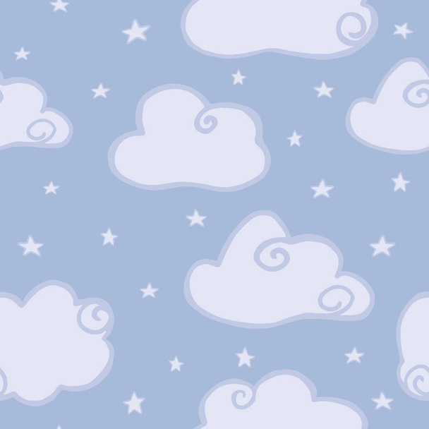 Lindo cielo nuboso patrón sin costuras sobre fondo azul. Fondo de pantalla de cielo de noche dibujado a mano. Diseño para tela de bebé, impresión textil, papel de embalaje, cubierta, embalaje. Ilustración vectorial de Doodle
. - Vector, Imagen