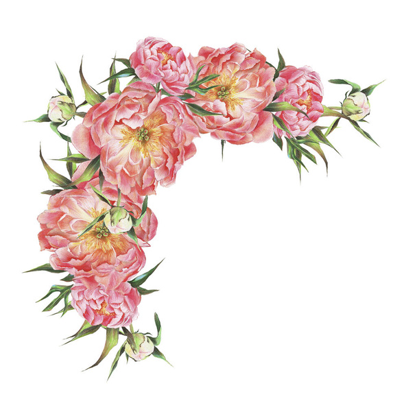 Bella cornice floreale con mazzi di fiori di lusso di peonie, rose
 - Foto, immagini