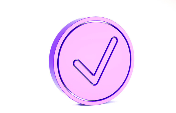 Purpurowy Sprawdź znak w ikonie koła izolowane na białym tle. Znak wyboru guzika. Symbol znacznika. Koncepcja minimalizmu. Ilustracja 3D 3D renderowania - Zdjęcie, obraz