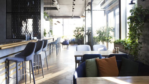 Luz interior moderno de restaurante urbano o cafetería con lugares para comer
 - Foto, imagen