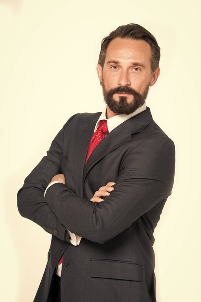 Business man with crossed arms smiling white background. Man in blue suit with red tie isolated in studio. Handsome bearded guy wearing stylish suit and looking in camera with confidence - Photo, Image