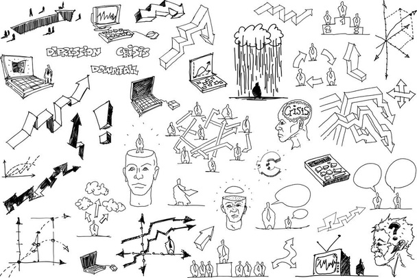 gran colección de bocetos dibujados a mano de temas relacionados con el concepto de negocio y el éxito y la crisis y la gestión y el mercado y las redes sociales
 - Vector, Imagen