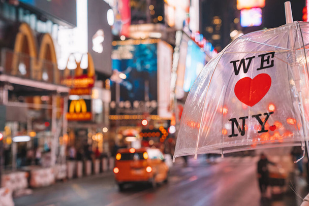 New York City, New York - 15 May, 2019:  An umbrella with " I Love NY" logo text. Symbol of New York. - Foto, Imagem
