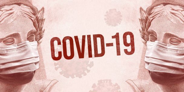 Concept for economic impact of the coronavirus pandemic. COVID-19 bold inscription between Brazilian Real - BRL currency banknote faces wearing masks. - Photo, Image