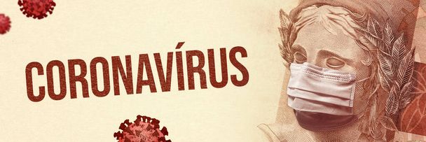 Fogalom a koronavírus világjárvány gazdasági hatásaira. CORONAVIRUS félkövér felirat és úszó vírusok mellett a brazil Real - BRL valuta bankjegy arc visel maszk. - Fotó, kép