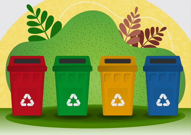 Recogida separada de basura, contenedores de basura de colores brillantes para residuos, plantas. El concepto de medio ambiente, ecología. Diseño de banner, portada, página web. Ilustración vectorial
 - Vector, Imagen