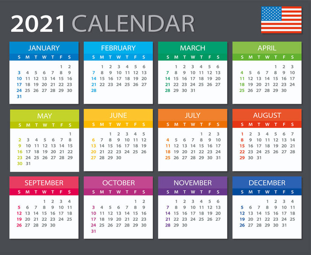 Vector template of color 2021 calendar - English American version - Вектор, зображення
