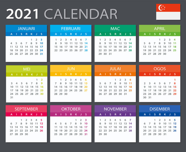 Vector template of color 2021 calendar - Singaporean version - Вектор, зображення