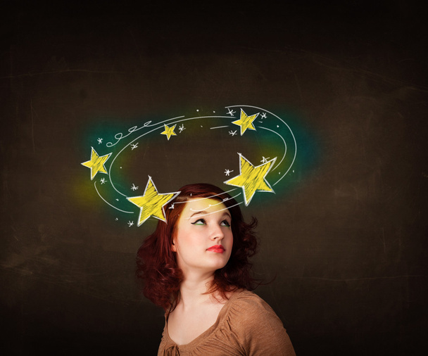girl with yellow stars circleing around her head illustration - Zdjęcie, obraz