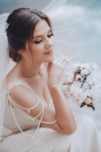 Beautiful Young Bride in White Wedding Dress Posing outdoor - Fotoğraf, Görsel