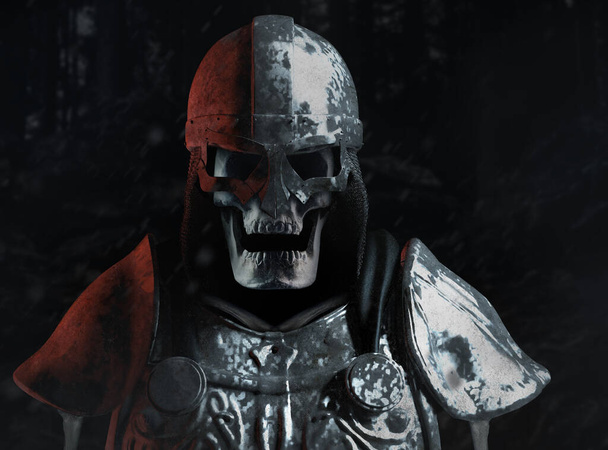 Illustration 3D du squelette guerrier viking en armure et casque sur fond de forêt sombre
. - Photo, image