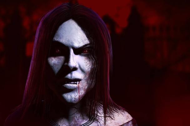 3d vykreslení ilustrace horor žena upír monster tvář na tmavém karmínovém hřbitově pozadí. - Fotografie, Obrázek