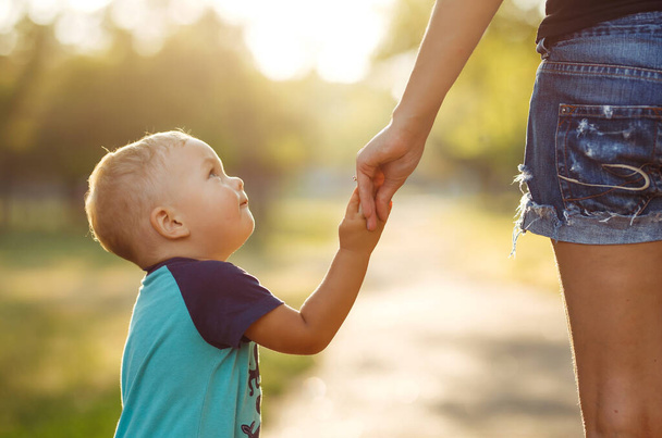 Close up of mother and a child hands at the sunset. Mom and son walk in the park. Family holiday and togetherness. Summer concept. - Фото, изображение