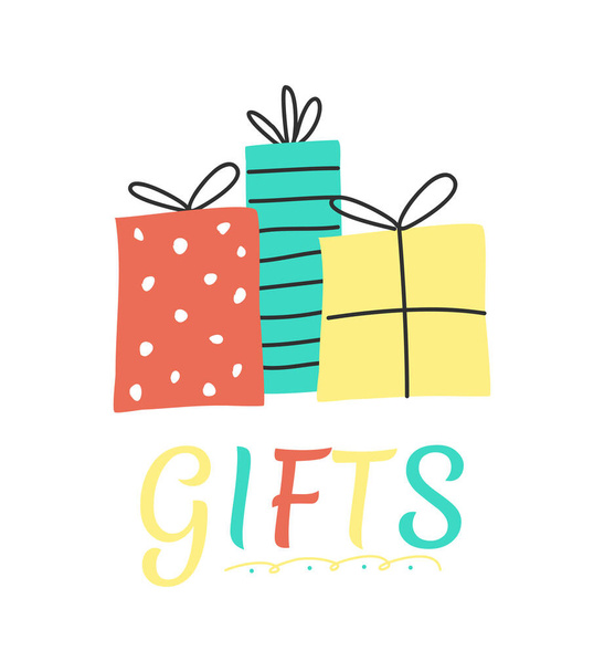 Ilustración con regalos. Cajas de regalo. Envoltura de regalo. Regalos
 - Vector, Imagen