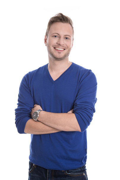 Smiling young man with blue pullover isolated on white. - Valokuva, kuva