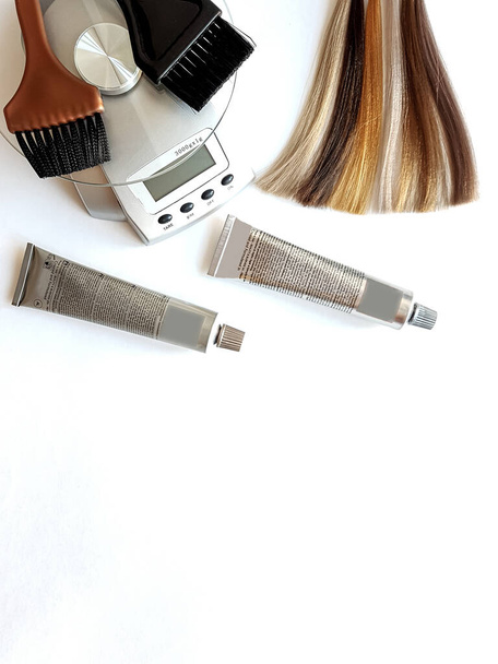 Professional set of items for hair coloring at the hairdresser. - Photo, image