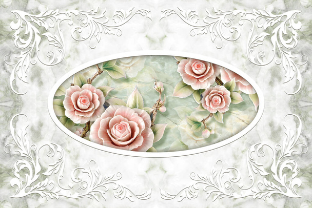 3d ceiling murals wallpaper, white decor frame, stone roses on pale-green marble background. 3d wallpaper. - Photo, Image