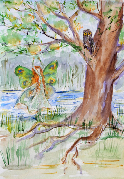 Sulu boya, nehir kıyısındaki yaşlı bir ağacın altında dans eden kelebek kızı çiziyor. - Fotoğraf, Görsel