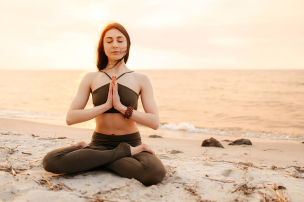 yoga meditation sunset nature girl woman calm asana sea - Photo, Image