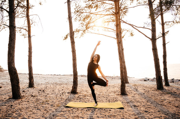 yoga meditatie zonsondergang natuur meisje vrouw kalm asana zee fitness - Foto, afbeelding