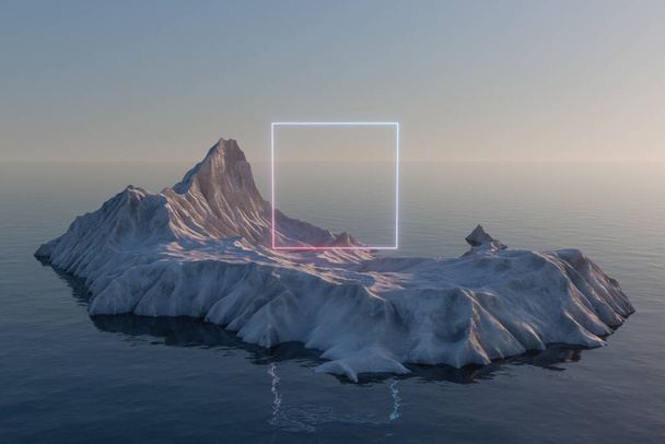 Neon aukio saarella lumi vuori merellä, 3d renderöinti. Tietokoneen digitaalinen piirustus
. - Valokuva, kuva