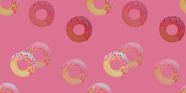 Acuarela pintura a mano ilustración de rosquillas sin costura disparado, la rosquilla redonda con crema de fresa fusión, colorido azúcar cubierta de caramelo, patrón de dibujo sobre fondo rosa
 - Foto, imagen
