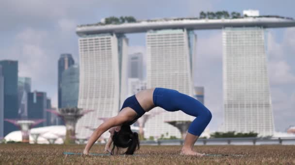 Pomalý pohyb, asijské čínské ženy jóga venkovní cvičení jógy pod sluncem - Záběry, video