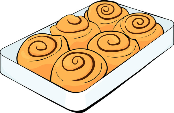 cinnabon buns with cinnamon on a tray. cinnamon rolls and chocolate vector stock illustration with black outline - Vector, Imagen