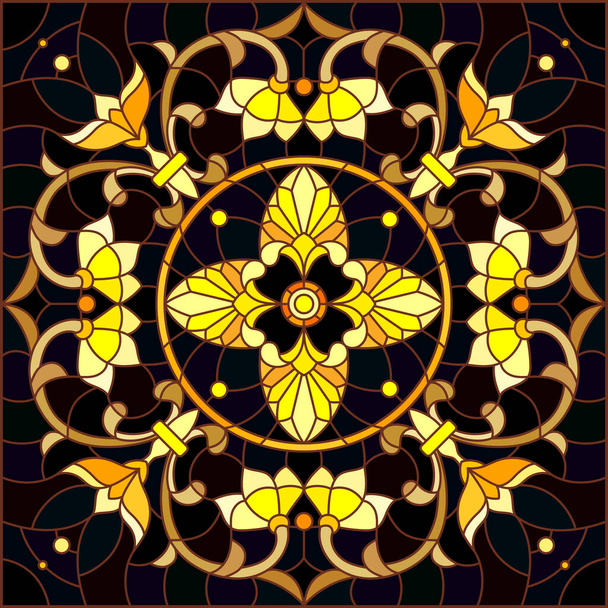 Ilustración en estilo vitral con adorno floral, imitación de oro sobre fondo oscuro con remolinos y motivo floral, imagen cuadrada - Vector, Imagen