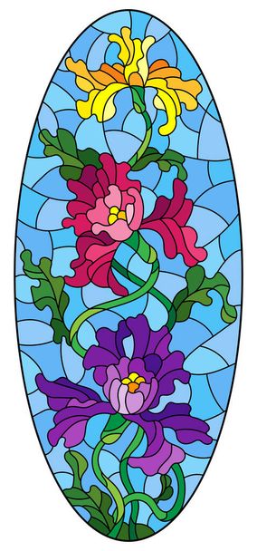 Illustration in stained glass style with a bouquet of rises  on a blue background, oval image - Vector, Image