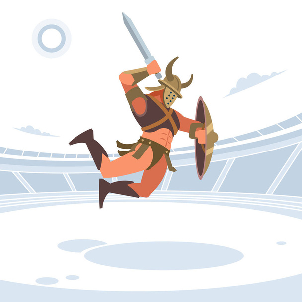 Spartalaiset soturit taistelevat gladiaattorien areenalla. Gladiaattori kilvessä voittaa miekan. Vektori eristetty kuva. Tasainen tyyli
 - Vektori, kuva