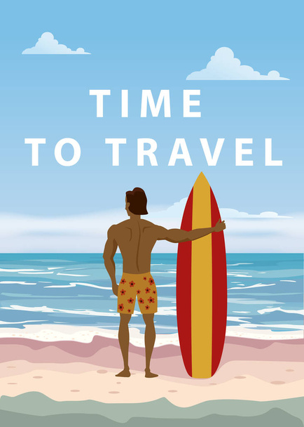 トロピカルビーチのバックビューでサーフボードと一緒に立つことを保証します。ヤシの海のサーフィンのテーマを旅行する時間。ベクトルイラスト絶縁テンプレートポスターバナー - ベクター画像