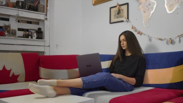 Felice giovane donna digitando sul computer portatile navigazione chat in uso di internet app sedersi sul divano a casa - Filmati, video